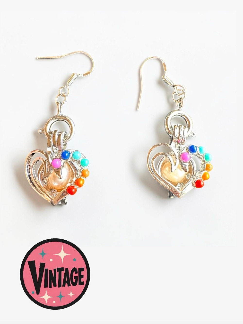 Vintage Silver Caged Heart Drop Earrings Multicolor Accent Stones